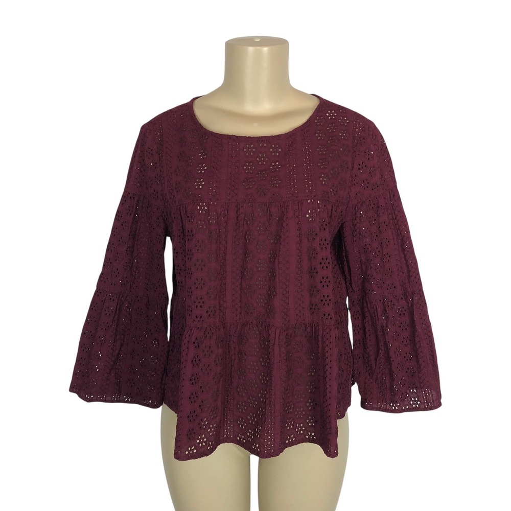 Madewell Burgundy Eyelet Lace Babydoll Peasant Top Small Western Boho Cowgirl
